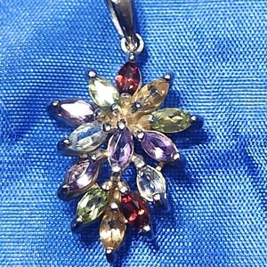 Multi-Gemstone Cluster Pendant 925 sterling Silver like new stamped
